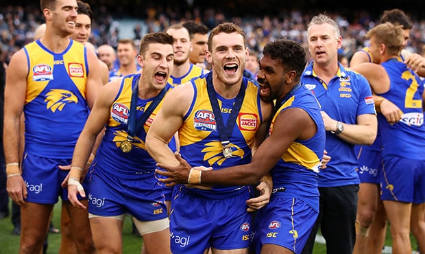 AFL 2018 Toyota AFL Grand Final - West Coast v Collingwood MELBOURNE, AUSTRALIA - SEPTEMBER 29: Luke Shuey of the Eagles and team mates show their emotion after winning the 2018 Toyota AFL Grand Final match between the West Coast Eagles and the Collingwood Magpies at the Melbourne Cricket Ground on September 29, 2018 in Melbourne, Australia. (Photo by Cameron Spencer/AFL Media)